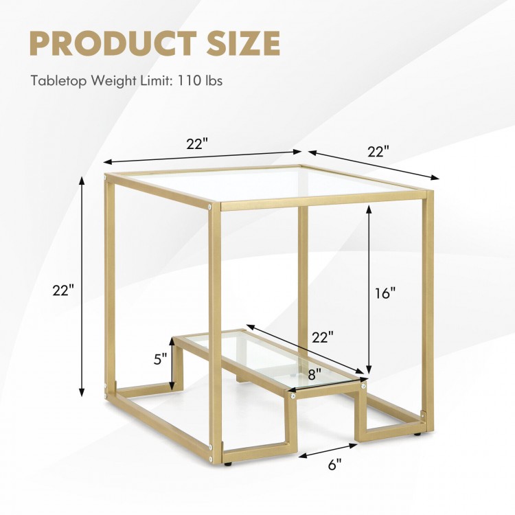 22-inch 2-tier square side table with tempered glass tabletop and bronze finish, ideal for living room or bedroom use.